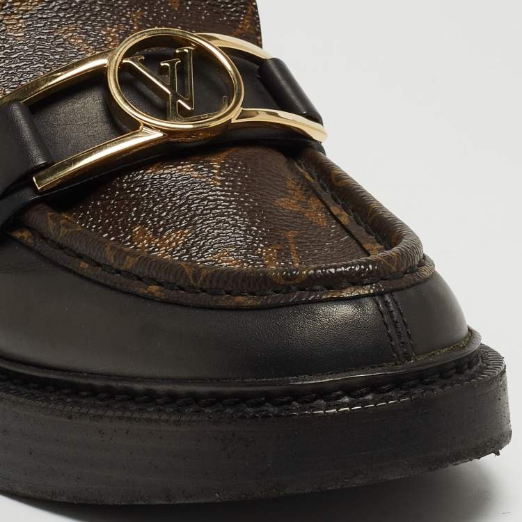 Pre Owned Louis Vuitton Brown/Black Monogram Canvas and Leather Loafers Size 38.5