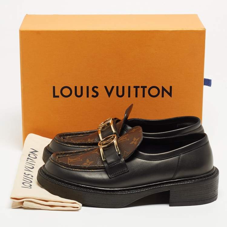 Pre Owned Louis Vuitton Brown/Black Monogram Canvas and Leather Loafers Size 38.5