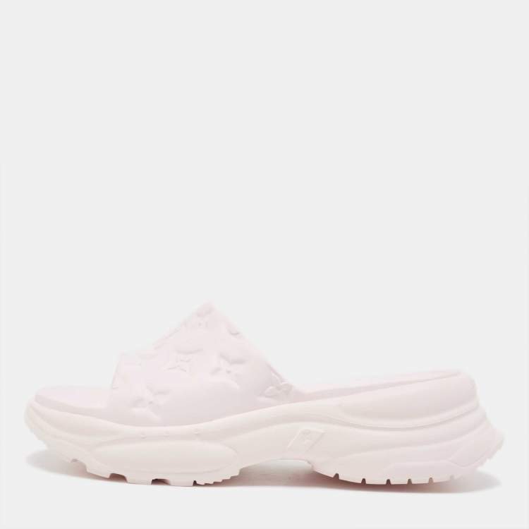Pre Owned Louis Vuitton Pink Rubber Monogram Pool 55 Comfort Mules Size 38
