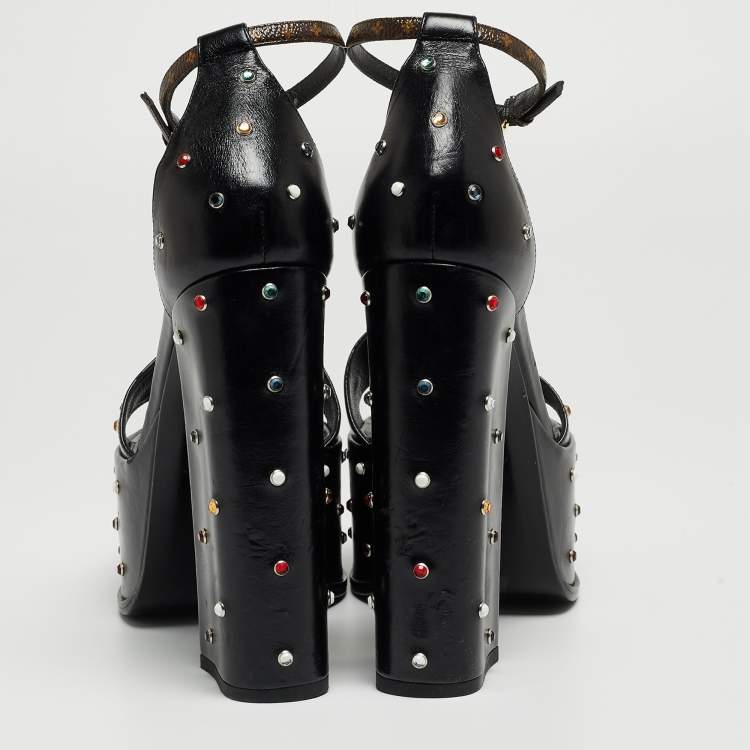 Pre Owned Louis Vuitton Black Leather Studded Fame Sandals Size 38.5
