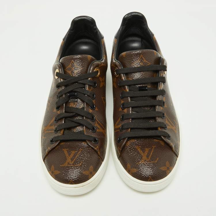 Pre Owned Louis Vuitton Brown/Black Monogram Canvas and Patent Leather Frontrow Sneakers Size 36