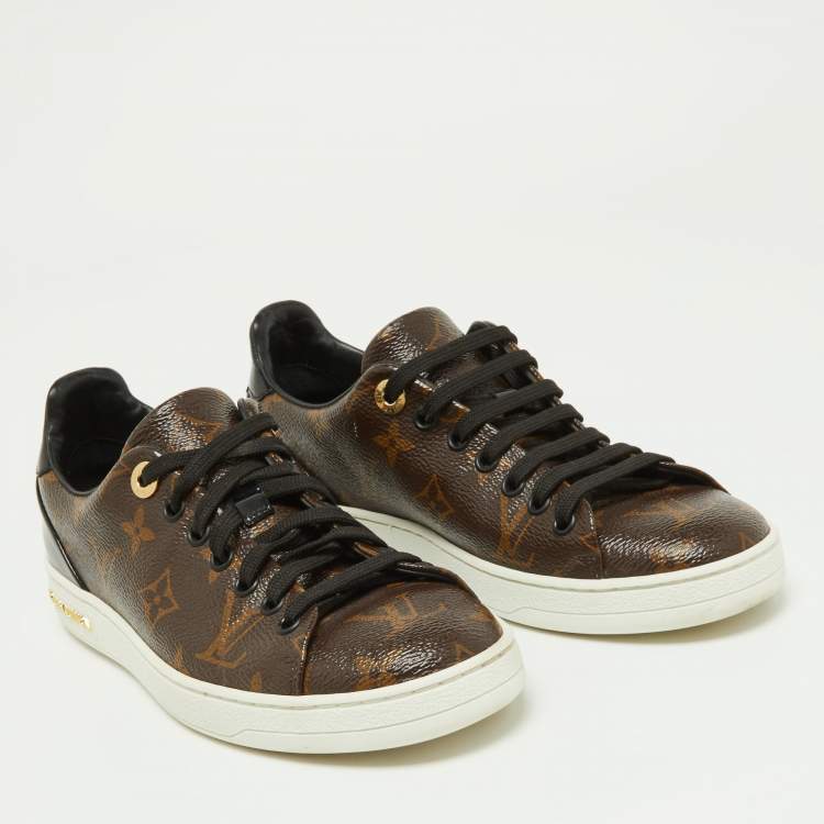 Pre Owned Louis Vuitton Brown/Black Monogram Canvas and Patent Leather Frontrow Sneakers Size 36