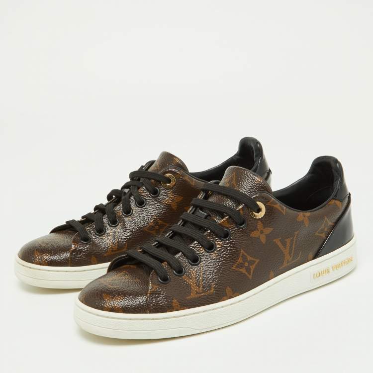 Pre Owned Louis Vuitton Brown/Black Monogram Canvas and Patent Leather Frontrow Sneakers Size 36