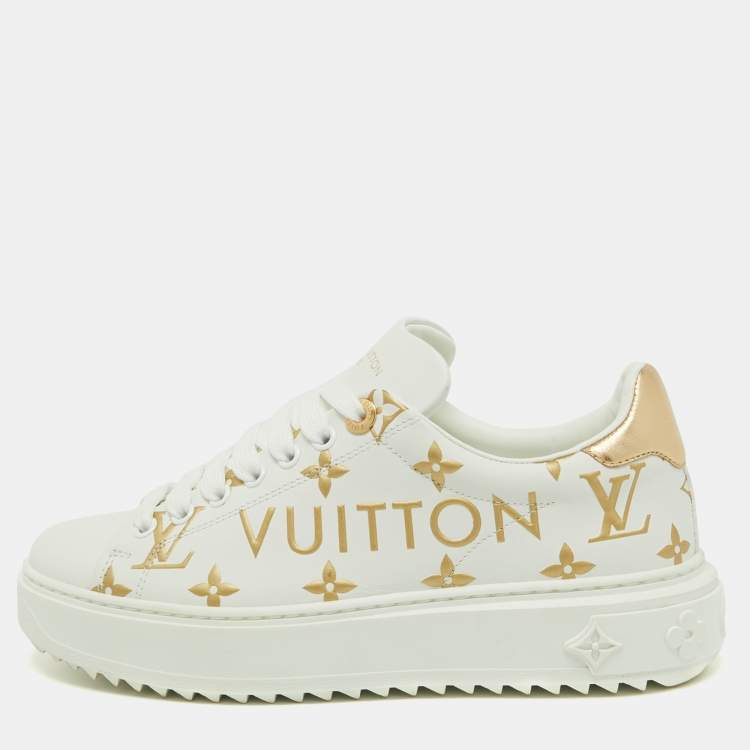 Pre Owned Louis Vuitton White/Gold Monogram Embossed Leather Time Out Sneakers Size 36