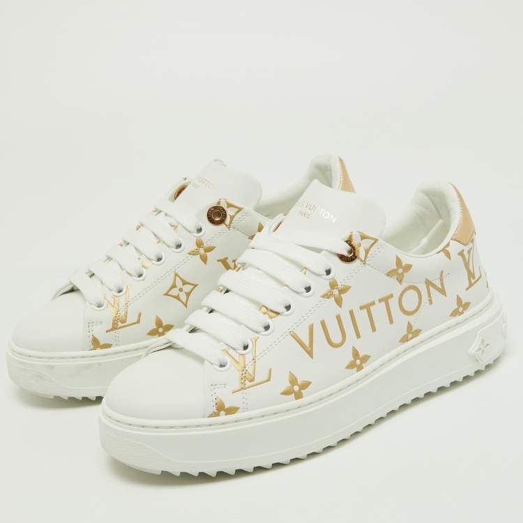 Pre Owned Louis Vuitton White/Gold Monogram Embossed Leather Time Out Sneakers Size 36