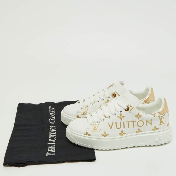 Pre Owned Louis Vuitton White/Gold Monogram Embossed Leather Time Out Sneakers Size 36