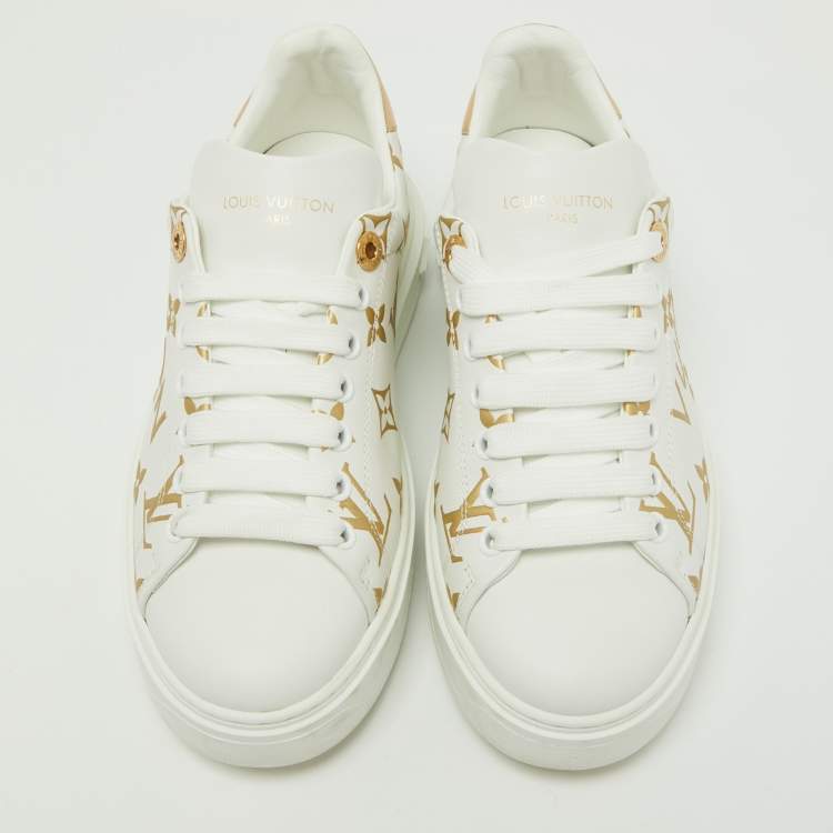 Pre Owned Louis Vuitton White/Gold Monogram Embossed Leather Time Out Sneakers Size 36