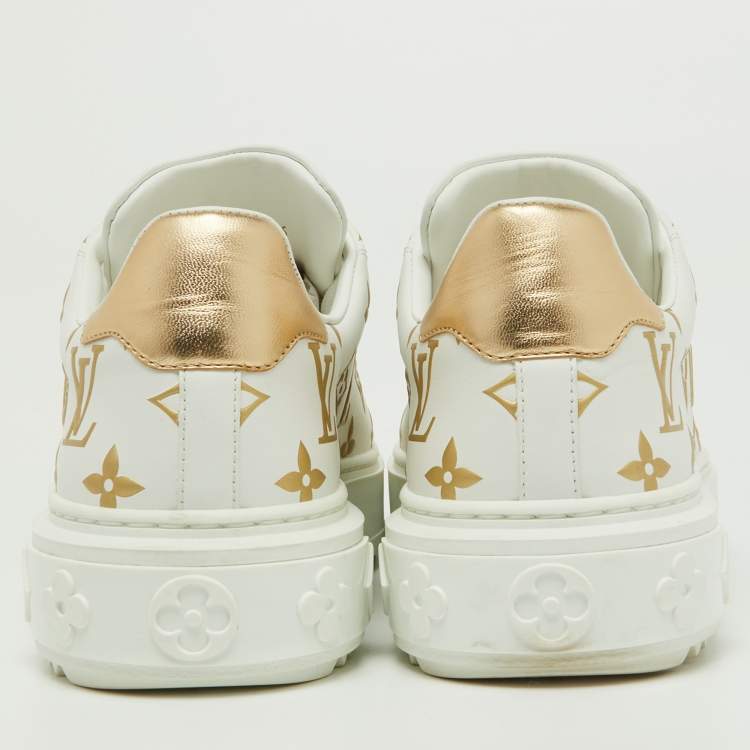 Pre Owned Louis Vuitton White/Gold Monogram Embossed Leather Time Out Sneakers Size 36