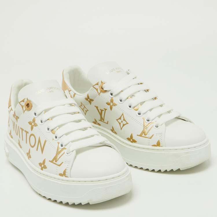 Pre Owned Louis Vuitton White/Gold Monogram Embossed Leather Time Out Sneakers Size 36