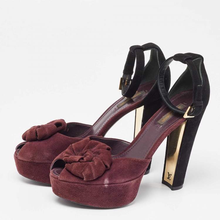 Pre Owned Louis Vuitton Burgundy/Black Suede Flower Peep Toe Platform Ankle Strap Sandals Size 37.5