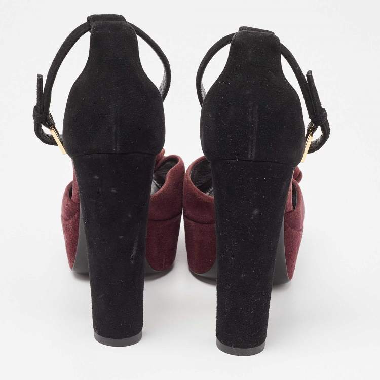 Pre Owned Louis Vuitton Burgundy/Black Suede Flower Peep Toe Platform Ankle Strap Sandals Size 37.5