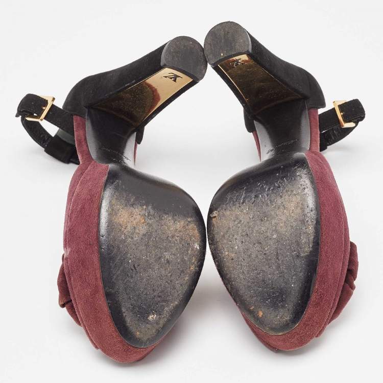 Pre Owned Louis Vuitton Burgundy/Black Suede Flower Peep Toe Platform Ankle Strap Sandals Size 37.5