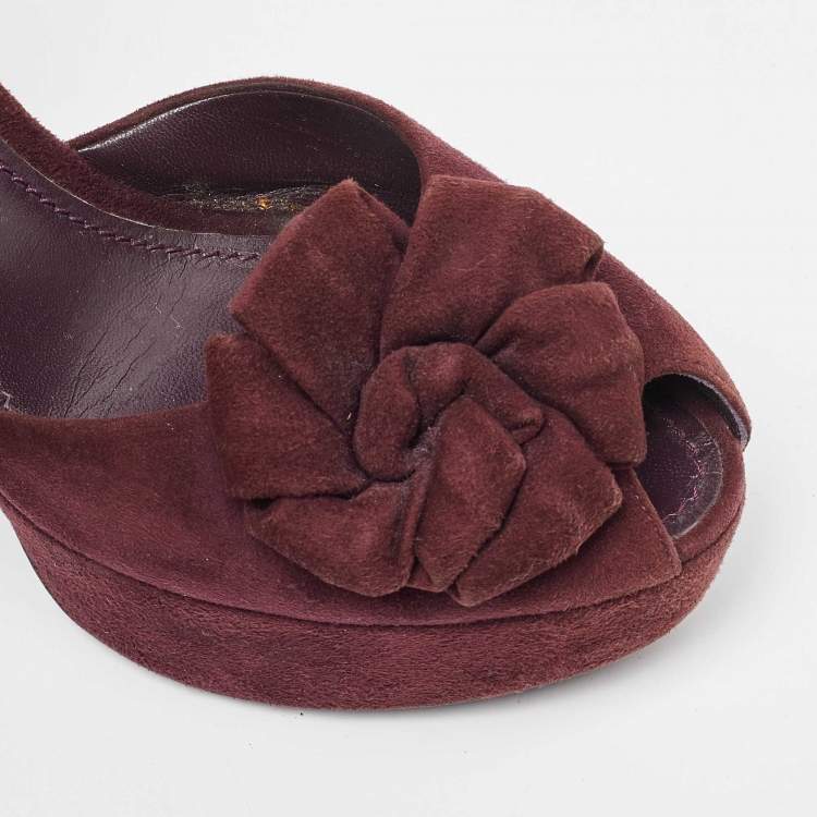 Pre Owned Louis Vuitton Burgundy/Black Suede Flower Peep Toe Platform Ankle Strap Sandals Size 37.5