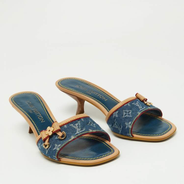 Pre Owned Louis Vuitton Blue/Beige Monogram Denim Bow Slide Sandals Size 37.5
