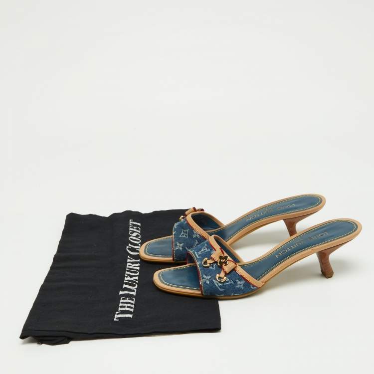 Pre Owned Louis Vuitton Blue/Beige Monogram Denim Bow Slide Sandals Size 37.5