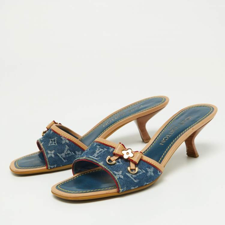 Pre Owned Louis Vuitton Blue/Beige Monogram Denim Bow Slide Sandals Size 37.5