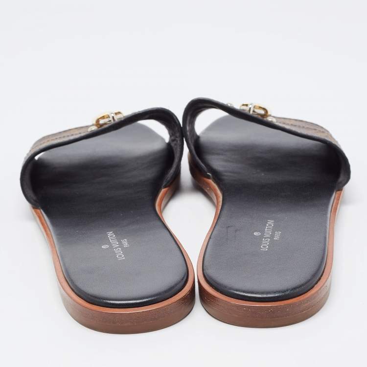 Pre Owned Louis Vuitton Brown Canvas Lock It Flat Slides Size 36 