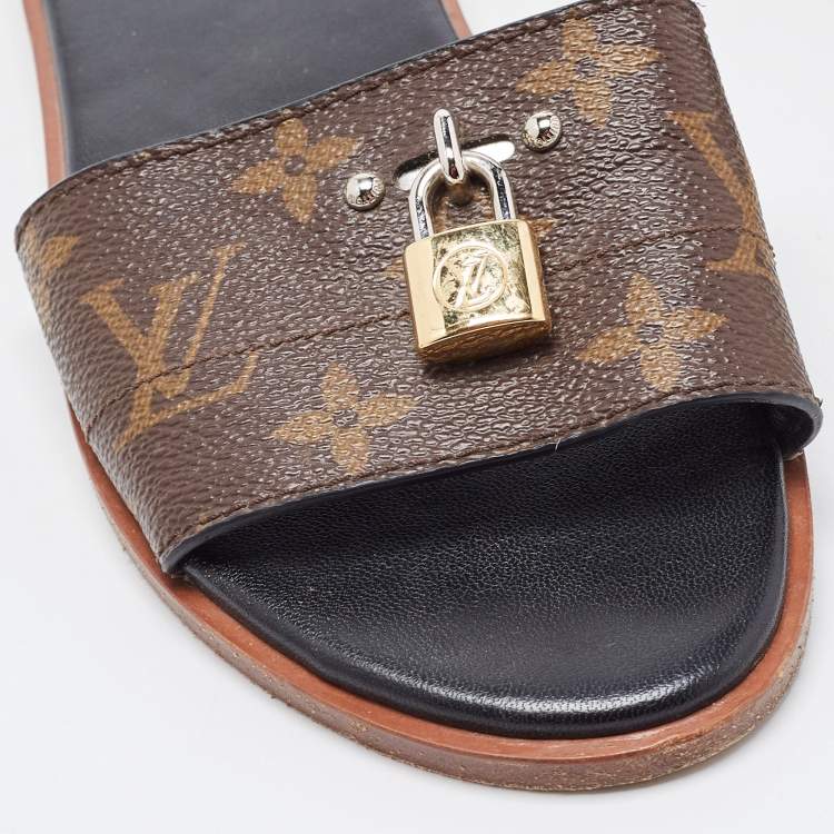 Pre Owned Louis Vuitton Brown Canvas Lock It Flat Slides Size 36 