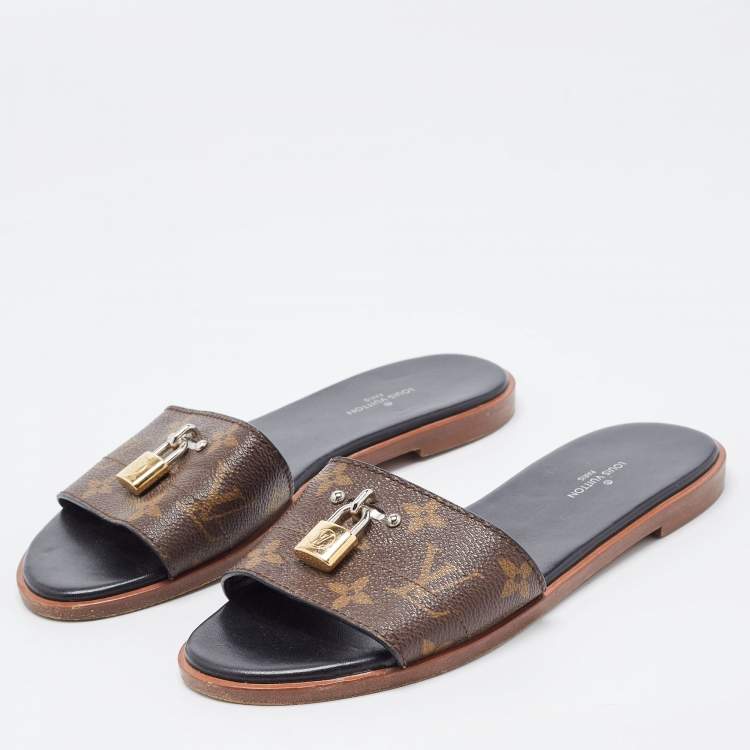 Pre Owned Louis Vuitton Brown Canvas Lock It Flat Slides Size 36 