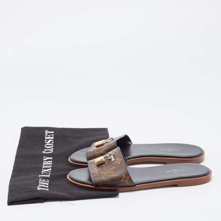 Pre Owned Louis Vuitton Brown Canvas Lock It Flat Slides Size 36 