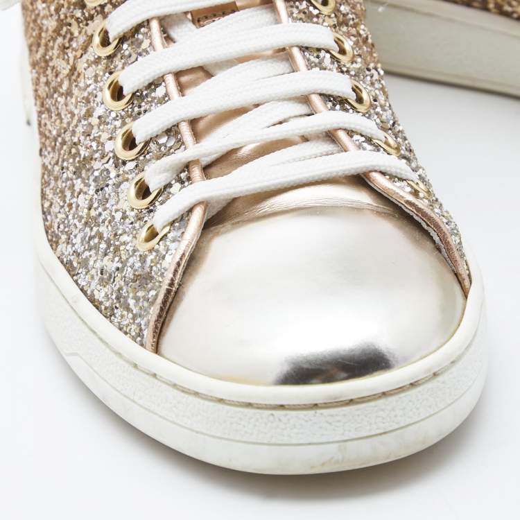 Pre Owned Louis Vuitton Two Tone Leather and Coarse Glitter Frontrow Sneakers Size 35