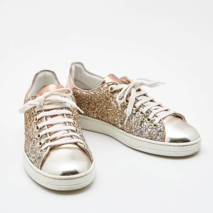 Pre Owned Louis Vuitton Two Tone Leather and Coarse Glitter Frontrow Sneakers Size 35