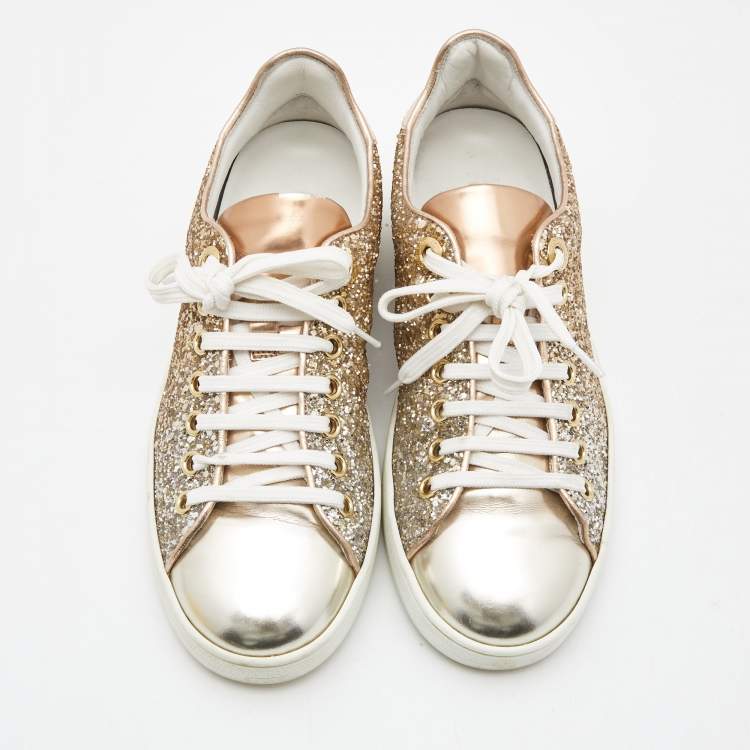 Pre Owned Louis Vuitton Two Tone Leather and Coarse Glitter Frontrow Sneakers Size 35