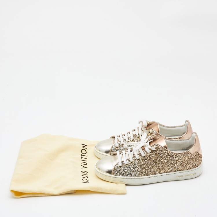 Pre Owned Louis Vuitton Two Tone Leather and Coarse Glitter Frontrow Sneakers Size 35
