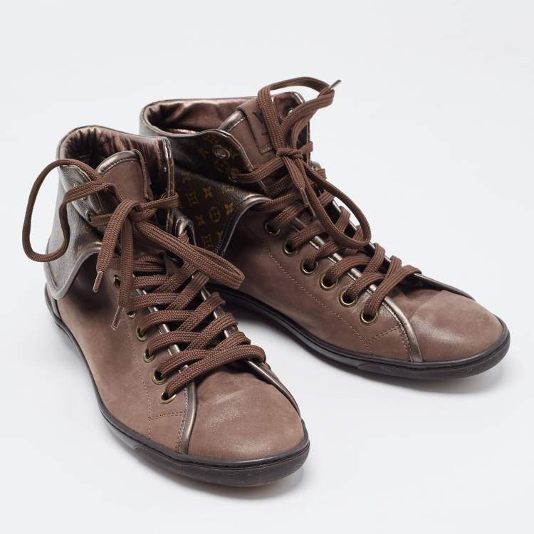 Pre Owned Louis Vuitton Brown Monogram Canvas and Nubuck Leather Brea Sneakers Size 38.5