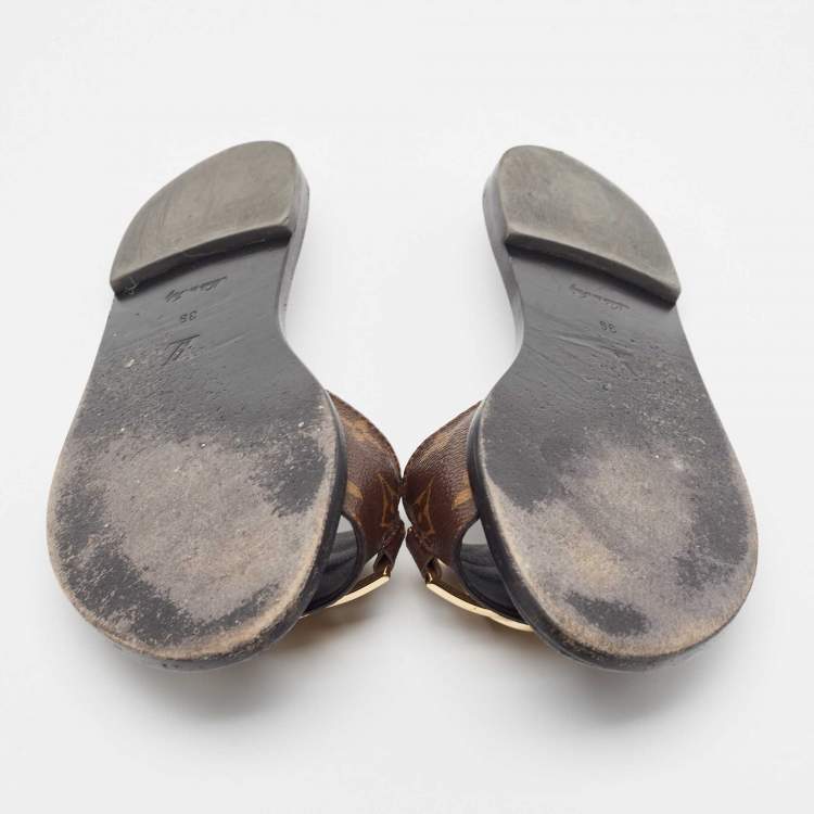 Pre Owned Louis Vuitton Brown Monogram Canvas Lock It Flat Slides Size 39