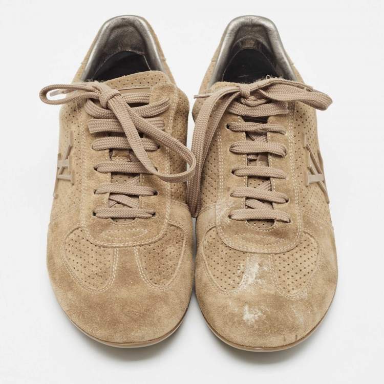 Pre Owned Louis Vuitton Beige Perforated Suede Low Top Sneakers Size 38