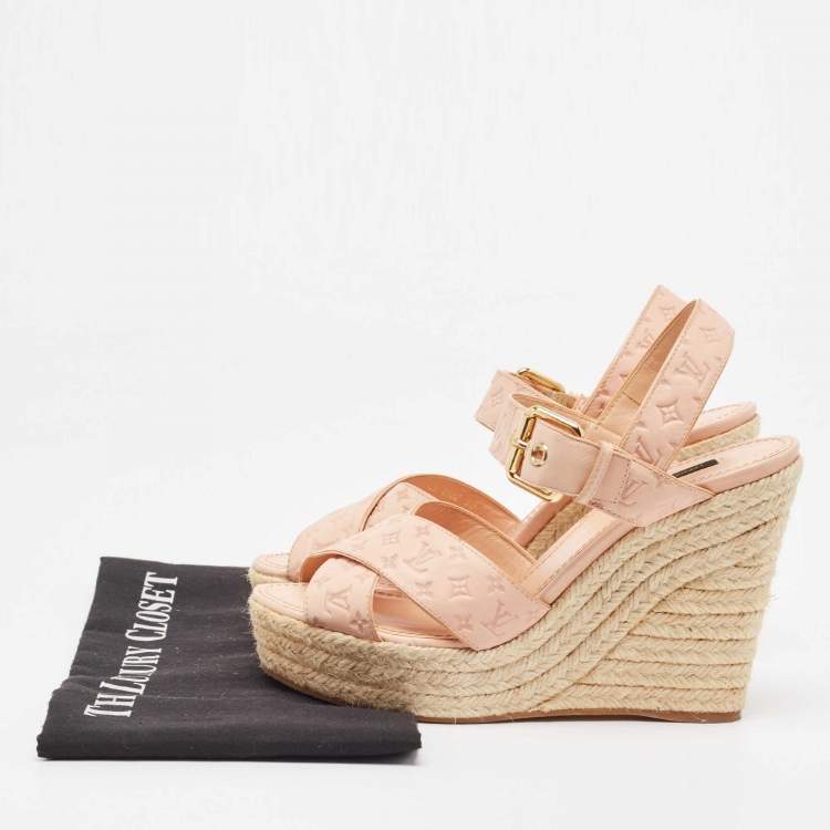 Pre Owned Louis Vuitton Beige Monogram Denim Formentera Espadrilles Wedge Sandals Size 38