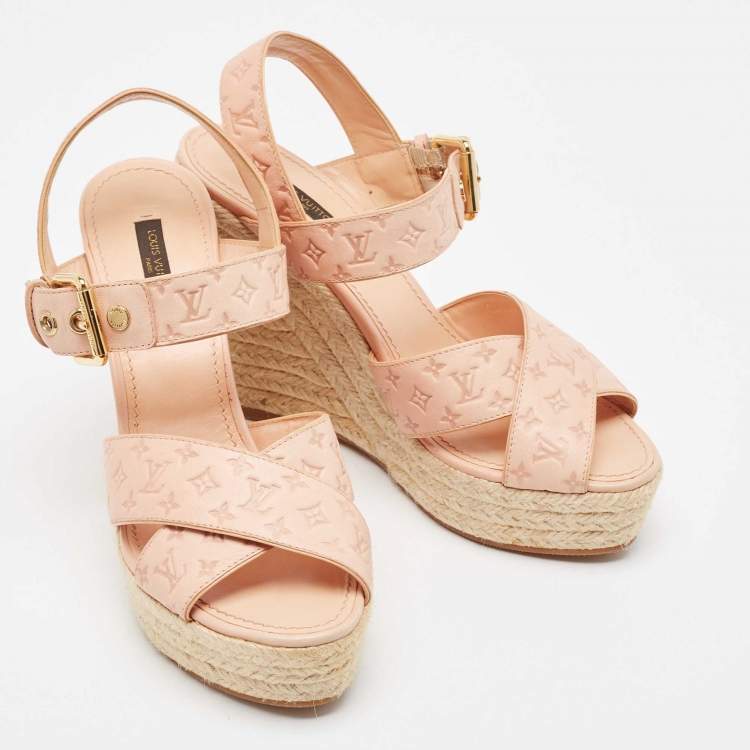 Pre Owned Louis Vuitton Beige Monogram Denim Formentera Espadrilles Wedge Sandals Size 38