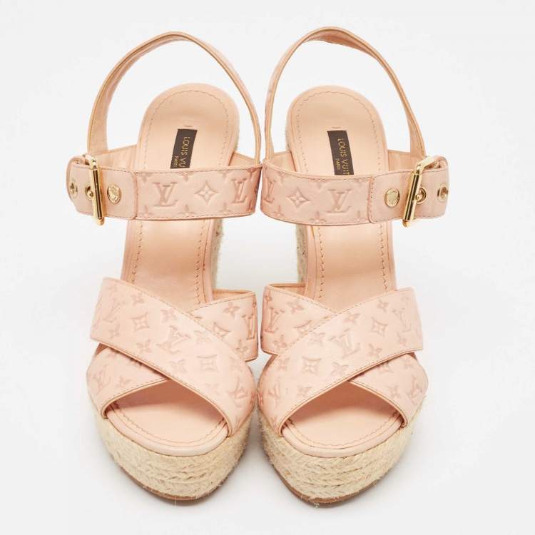 Pre Owned Louis Vuitton Beige Monogram Denim Formentera Espadrilles Wedge Sandals Size 38