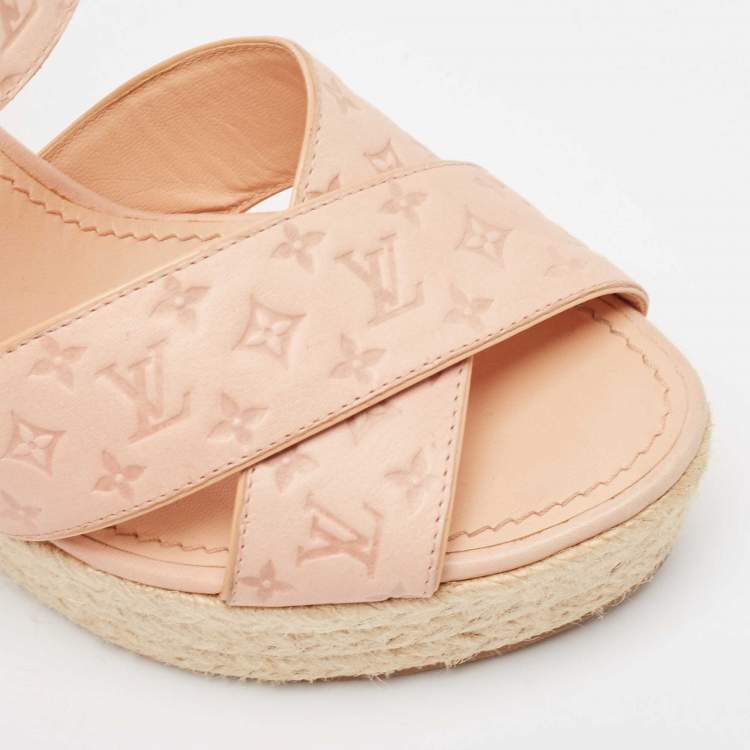 Pre Owned Louis Vuitton Beige Monogram Denim Formentera Espadrilles Wedge Sandals Size 38