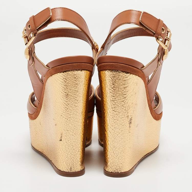 Pre Owned Louis Vuitton Beige Leather Wedge Sandals Size 38