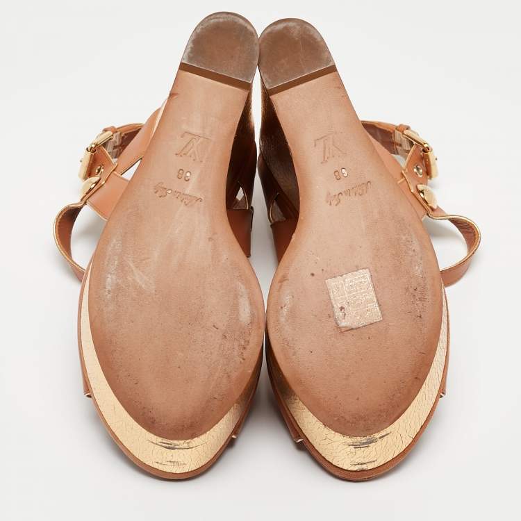 Pre Owned Louis Vuitton Beige Leather Wedge Sandals Size 38