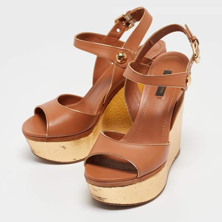 Pre Owned Louis Vuitton Beige Leather Wedge Sandals Size 38