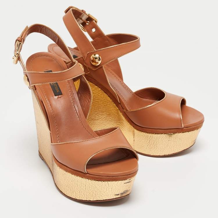 Pre Owned Louis Vuitton Beige Leather Wedge Sandals Size 38