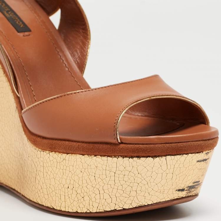 Pre Owned Louis Vuitton Beige Leather Wedge Sandals Size 38