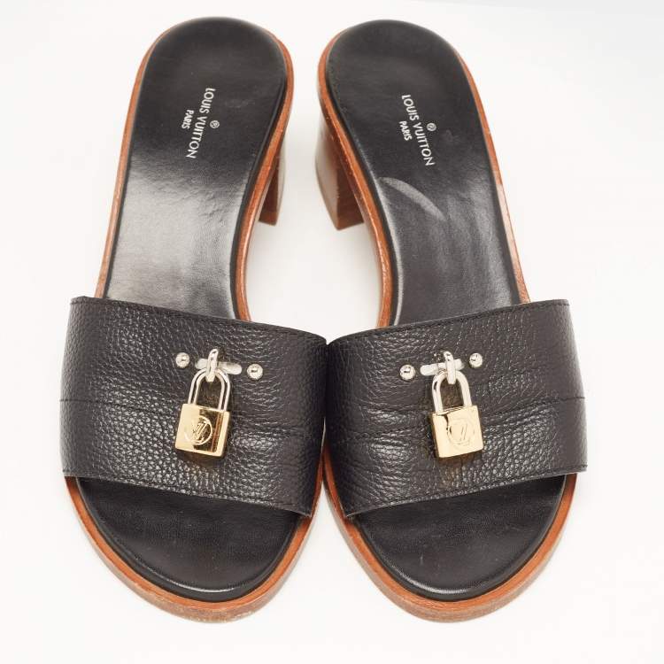 Pre Owned Louis Vuitton Black Leather Lock It  Sandals Size 37