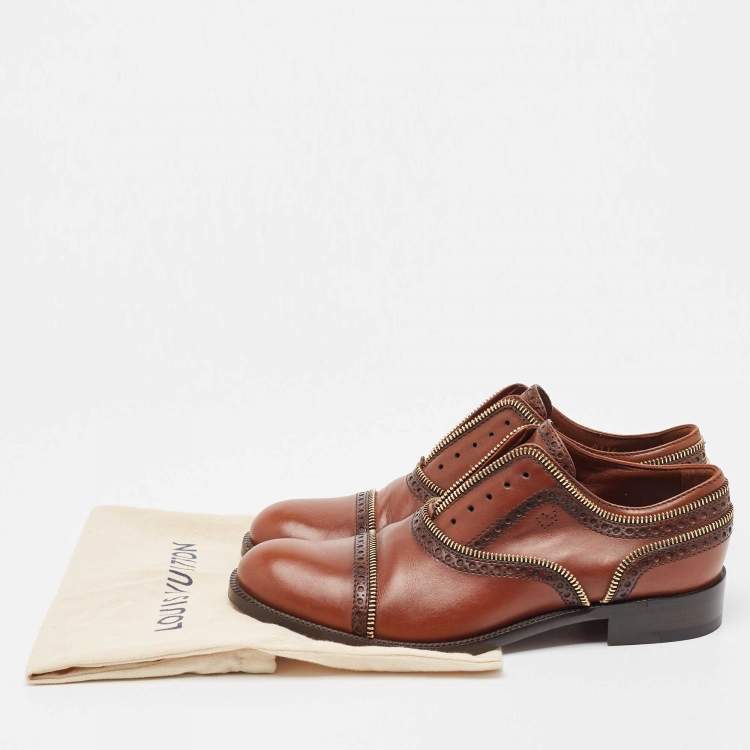 Pre Owned Louis Vuitton Brown Brogue Leather Zip Trim Slip On Oxfords Size 38.5