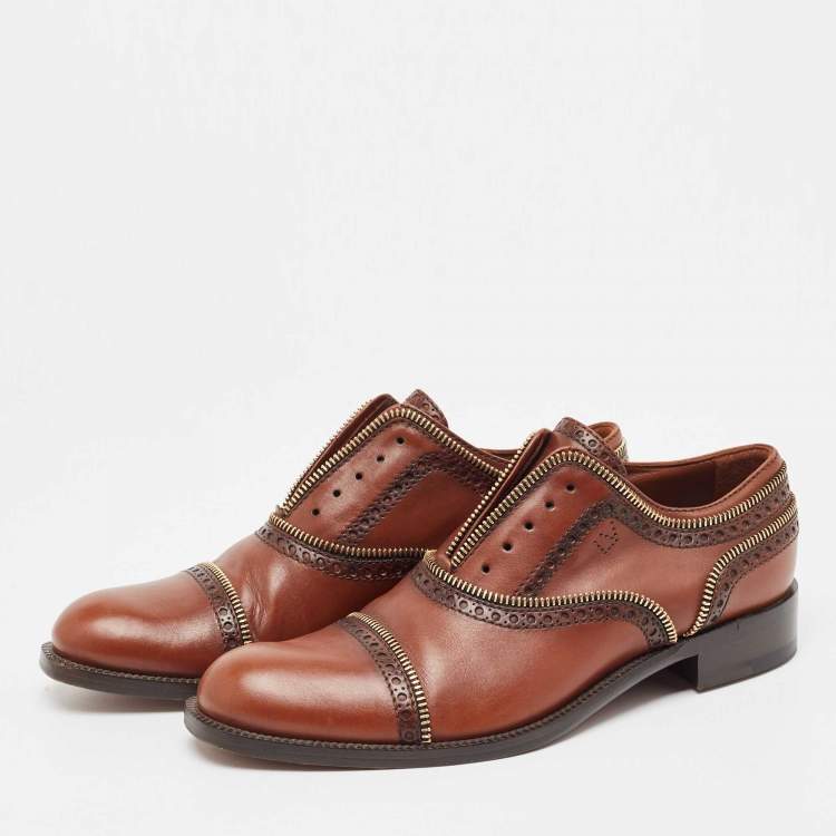 Pre Owned Louis Vuitton Brown Brogue Leather Zip Trim Slip On Oxfords Size 38.5