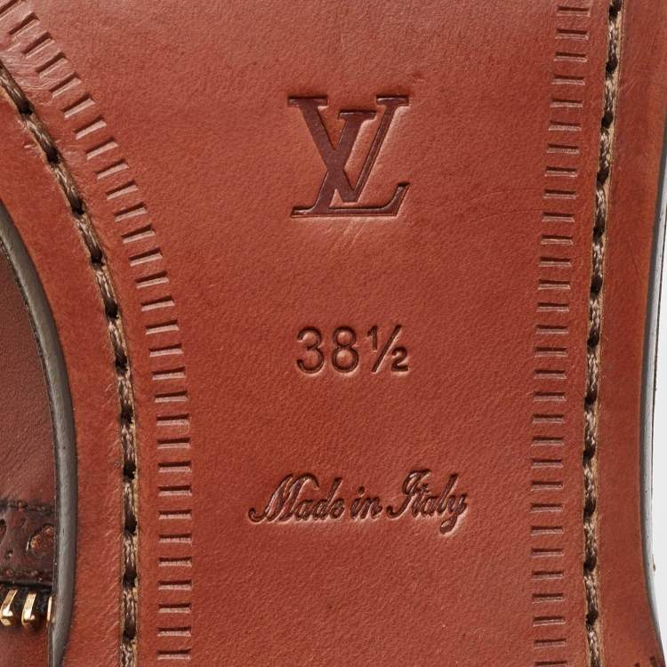 Pre Owned Louis Vuitton Brown Brogue Leather Zip Trim Slip On Oxfords Size 38.5