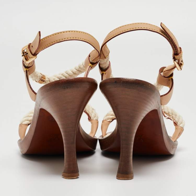 Pre Owned Louis Vuitton White/Beige Rope and Leather Ankle Strap Sandals Size 39