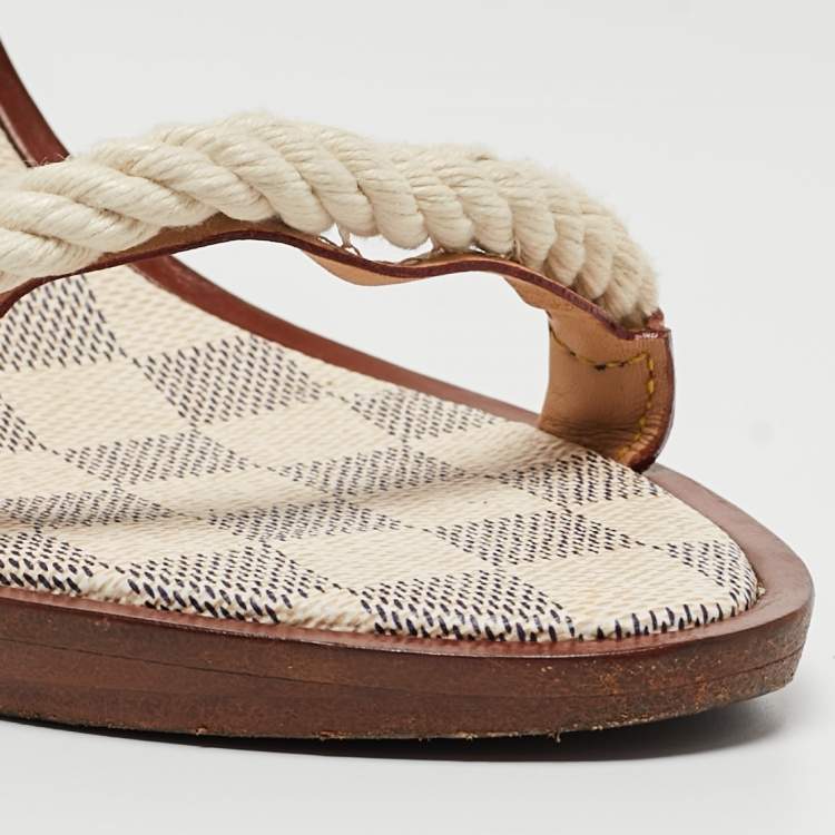 Pre Owned Louis Vuitton White/Beige Rope and Leather Ankle Strap Sandals Size 39