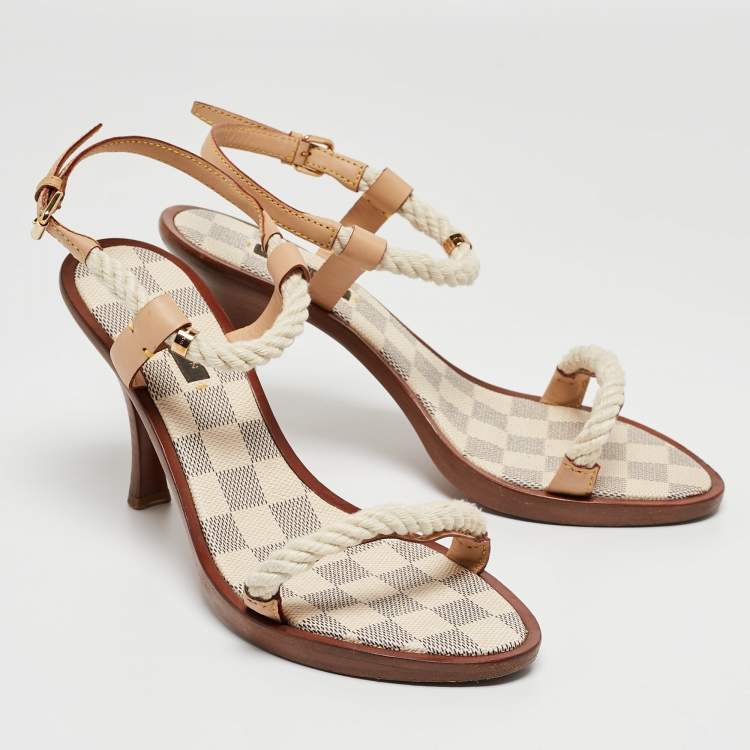 Pre Owned Louis Vuitton White/Beige Rope and Leather Ankle Strap Sandals Size 39