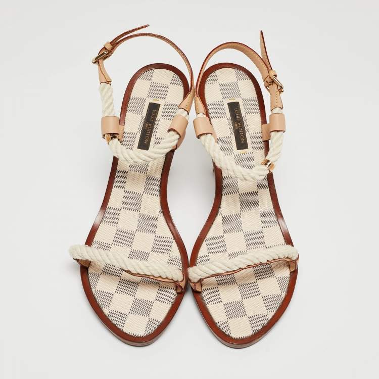 Pre Owned Louis Vuitton White/Beige Rope and Leather Ankle Strap Sandals Size 39