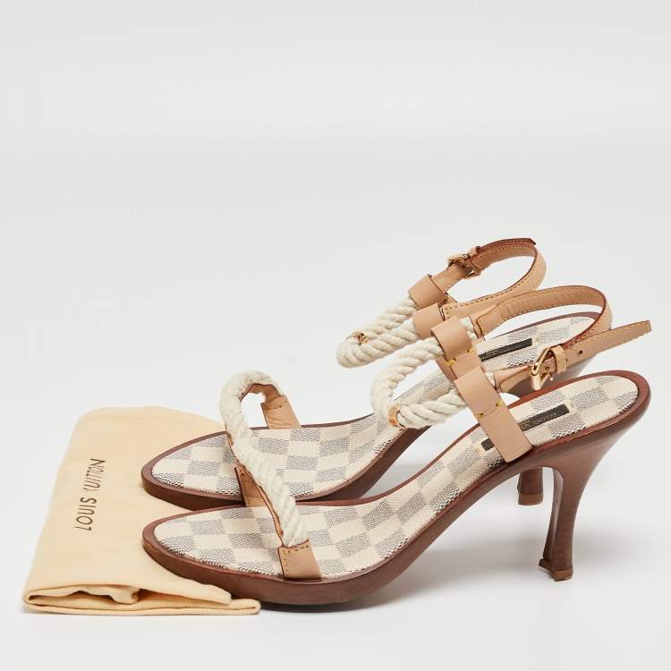 Pre Owned Louis Vuitton White/Beige Rope and Leather Ankle Strap Sandals Size 39