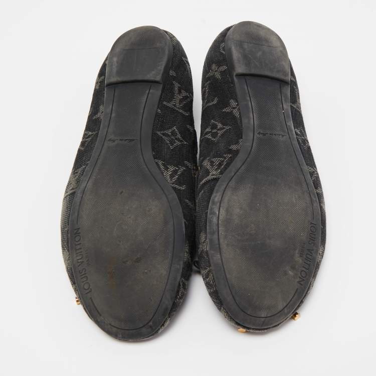 Pre Owned Louis Vuitton Black Monogram Denim Bow Ballet Flats Size 38